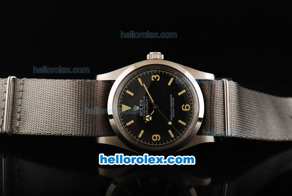 Rolex Explorer Automatic Movement Steel Case with Black Dial-Yellow Markers and Grey Nylon Strap - Click Image to Close